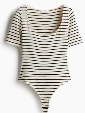 H&M Striped Scoop Neck Thong Bodysuit - Cream/Black